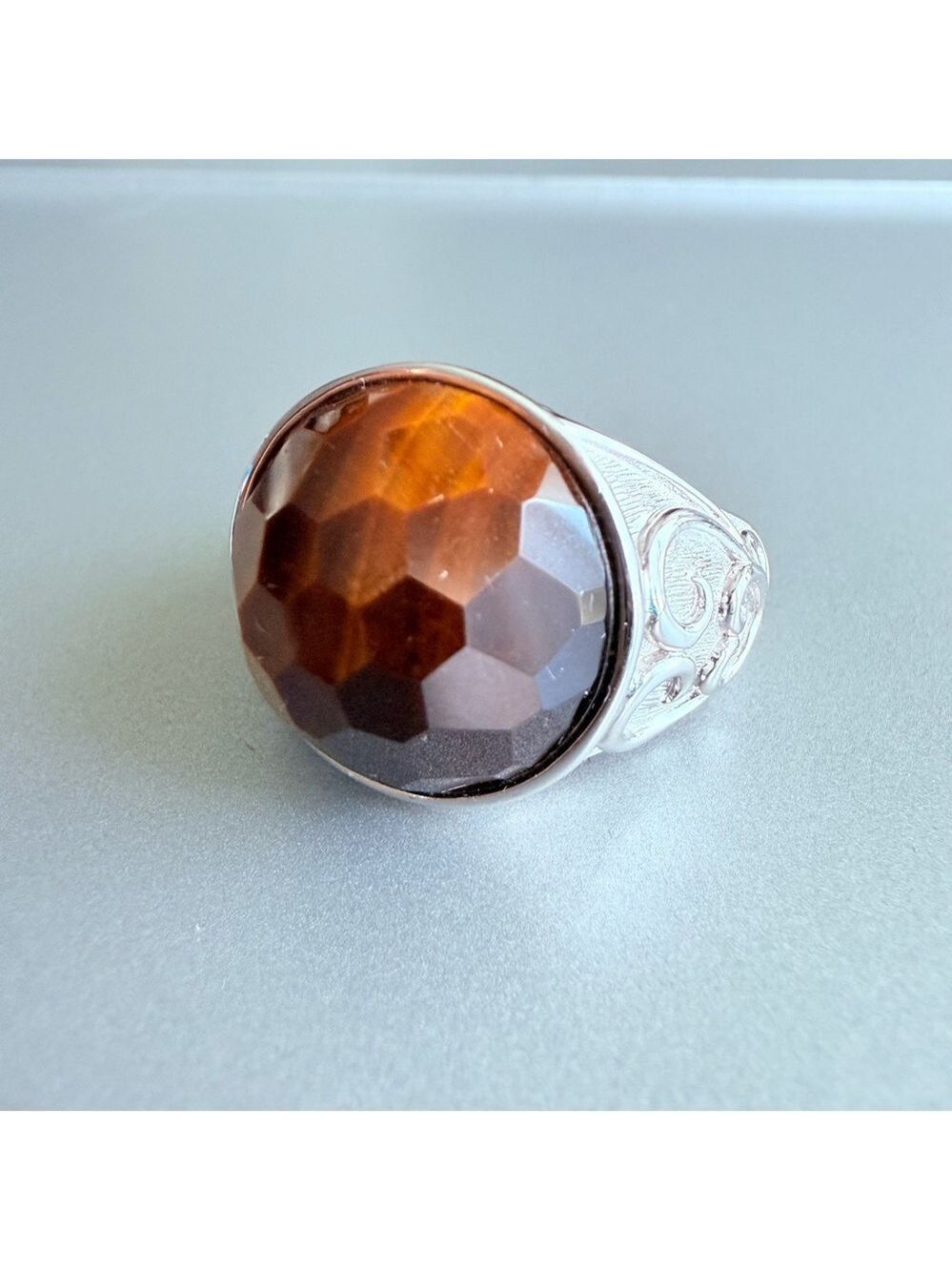Tiger’s Eye Gemstone Heart Design Sterling Silver Faceted Round Ring SIZ…